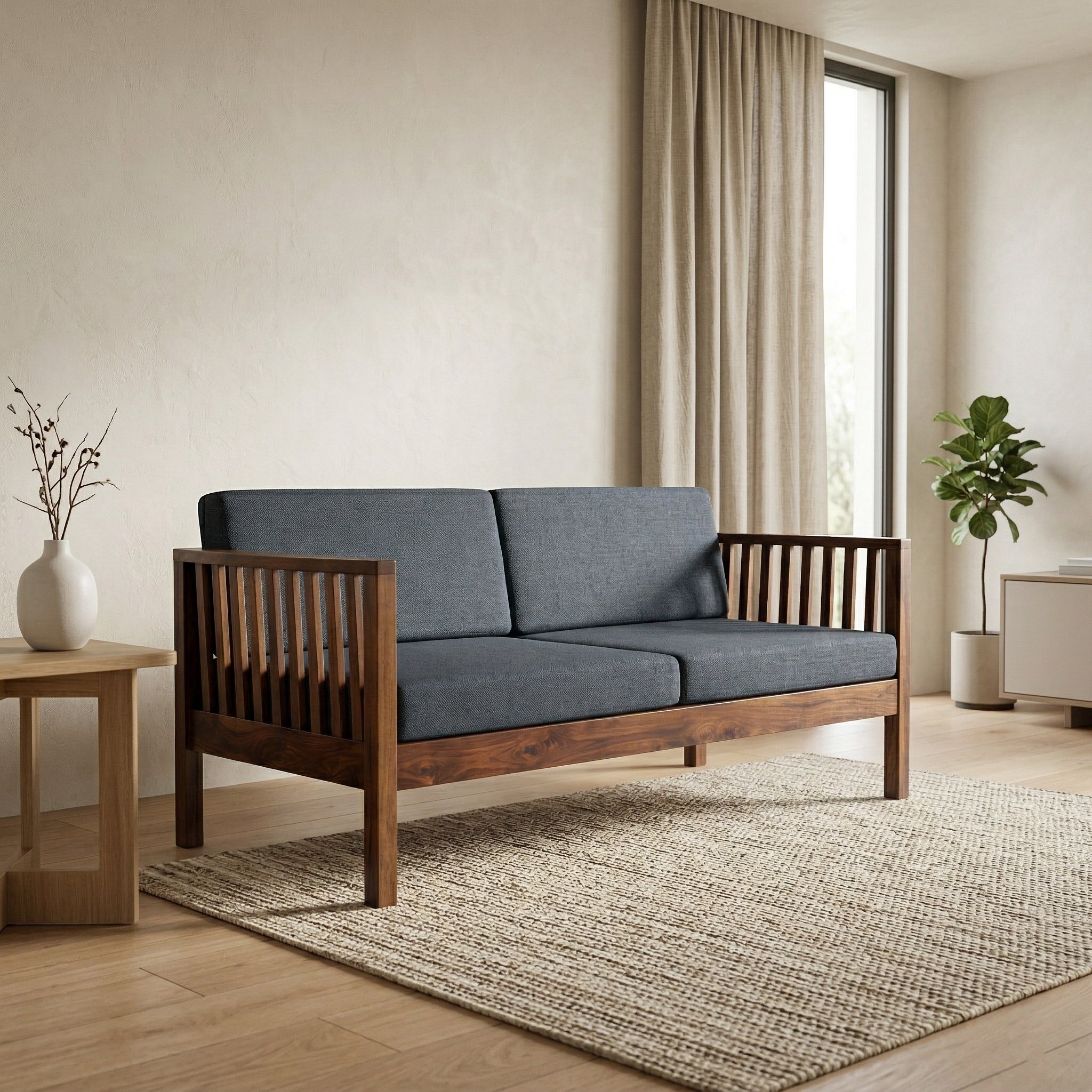Solid Wood 2-Seater Sofa with Slatted Arms & Cushions Contemporary Wooden Sofa