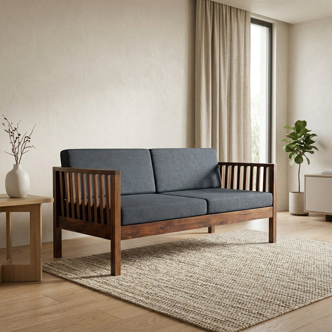 Solid Wood 2-Seater Sofa with Slatted Arms & Cushions Contemporary Wooden Sofa