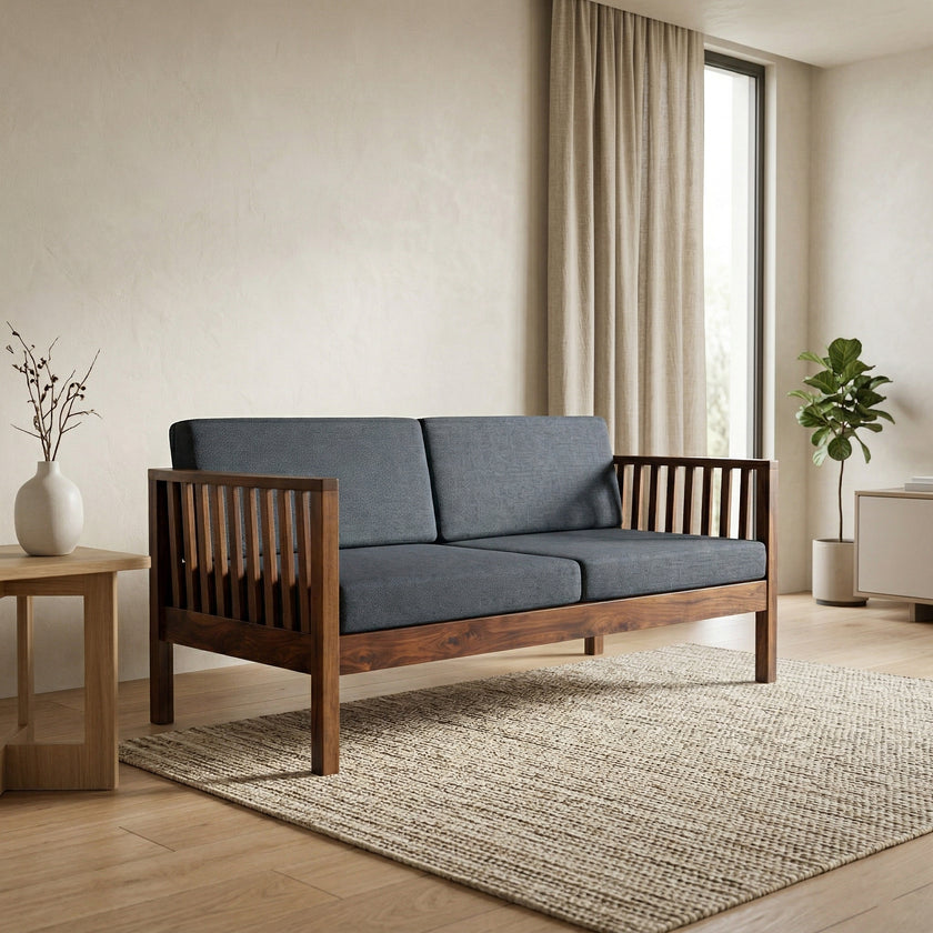 Solid Wood 2-Seater Sofa with Slatted Arms & Cushions Contemporary Wooden Sofa
