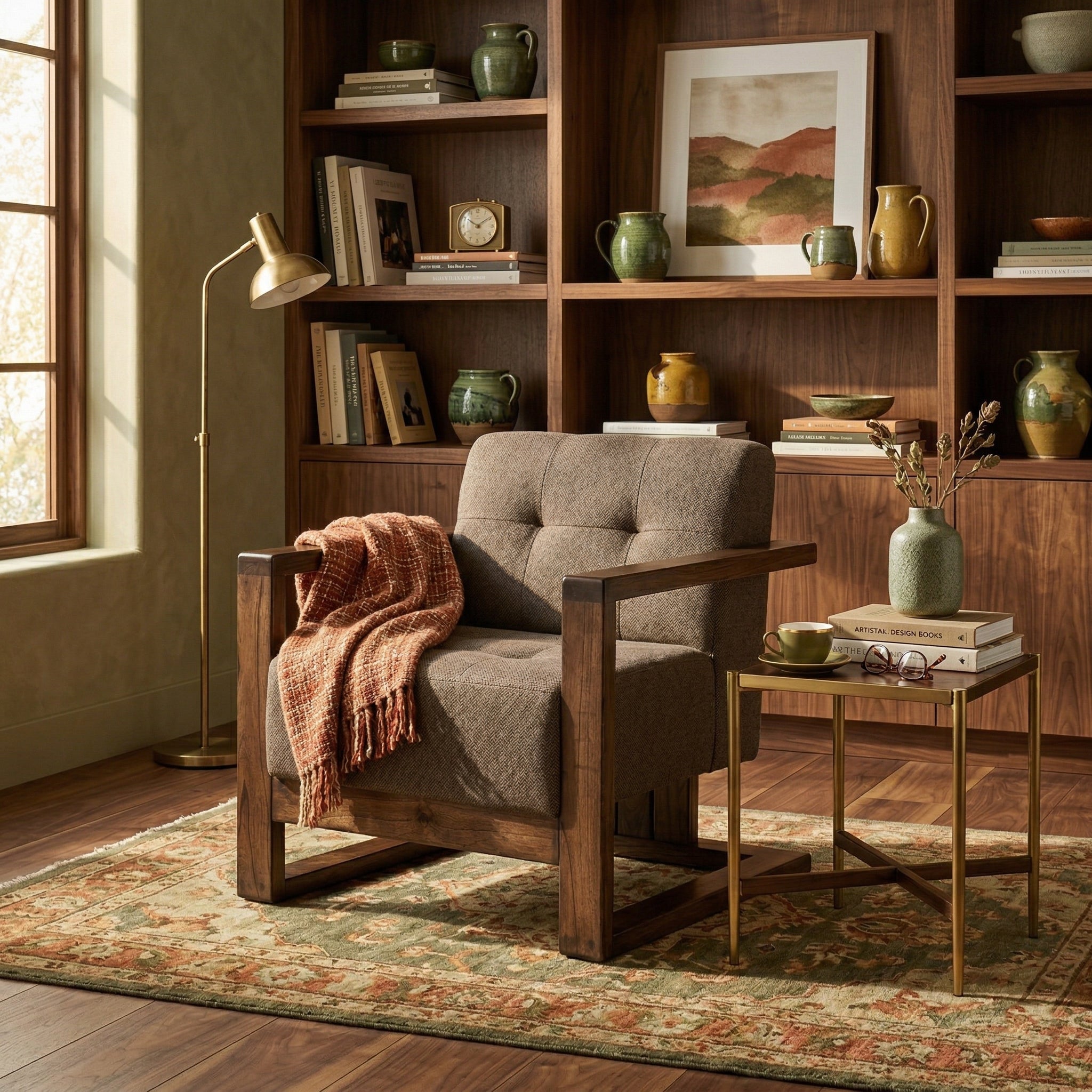 Solid Wood Box Frame Lounge Chair with Cushioned Seat