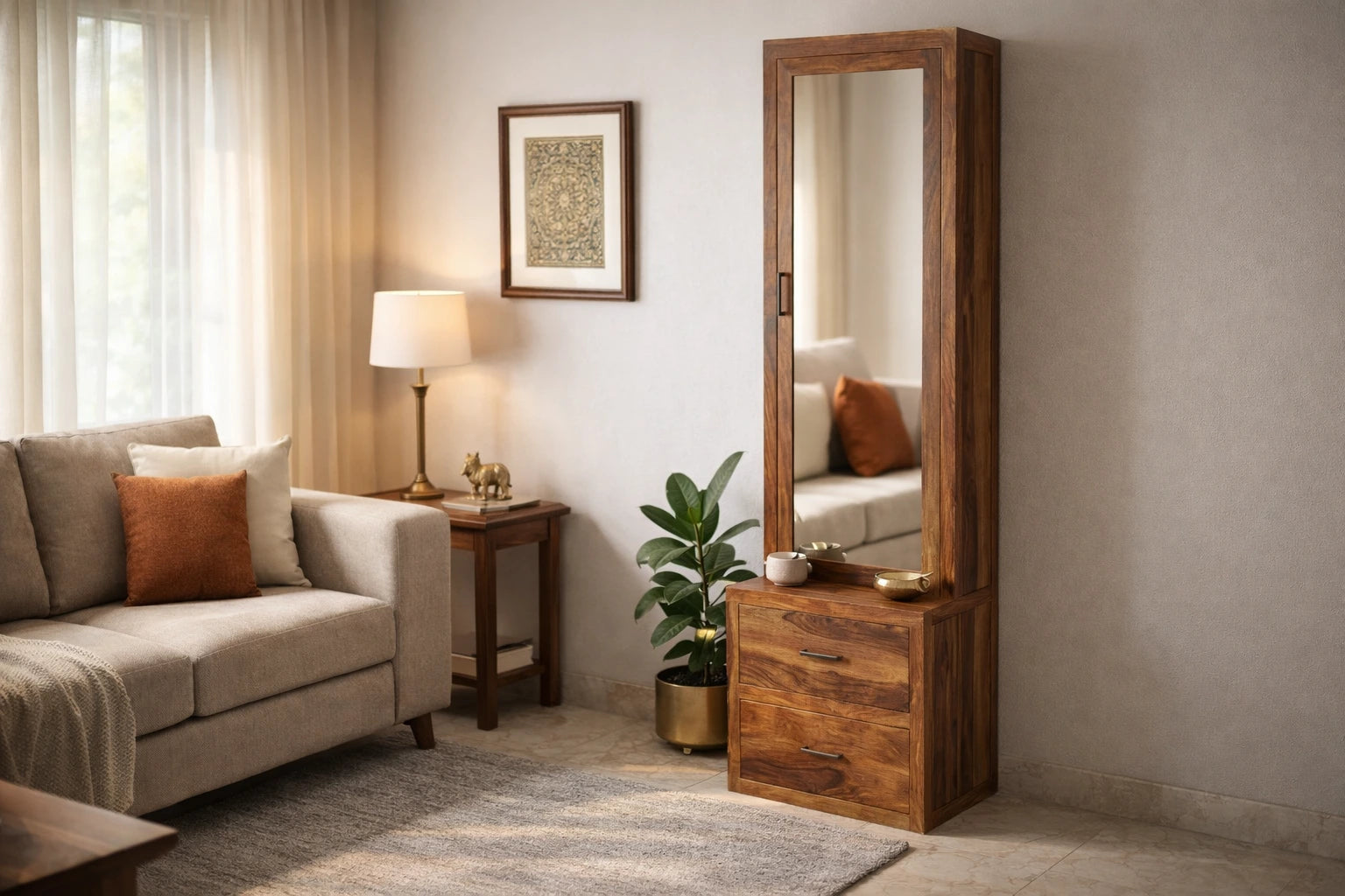 Solid Wood Dressing Table with Full-Length Mirror & Dual Drawer Storage