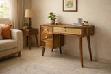 Mid-Century Solid Wood Dressing Table with Cane Drawer & Storage