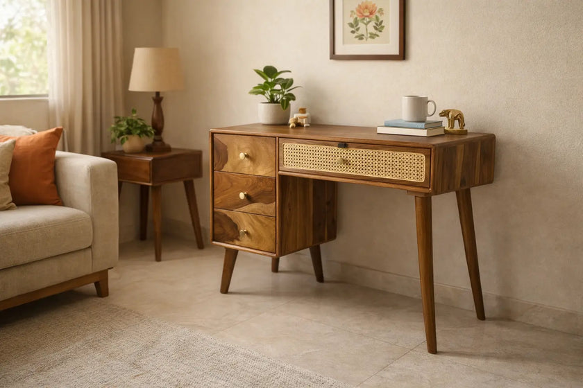 Mid-Century Solid Wood Dressing Table with Cane Drawer & Storage
