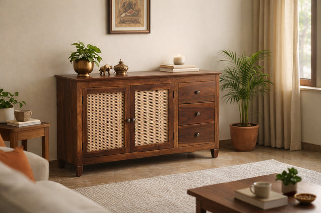 Solid Wood Cane Sideboard Cabinet Wooden Storage Console with Drawers