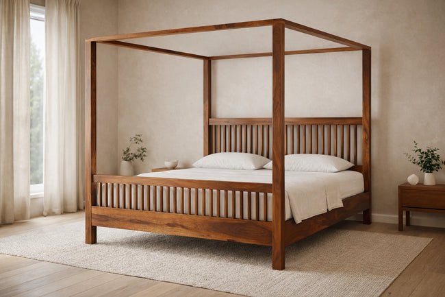 Solid Wood Canopy Platform Bed Frame with Slatted Headboard