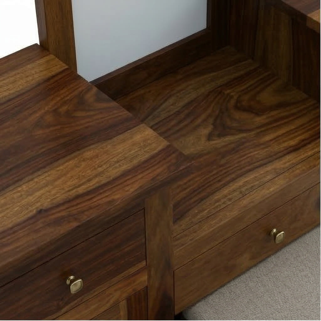 Solid Wood Dressing Table with Dual Storage Units & Cushioned Stool