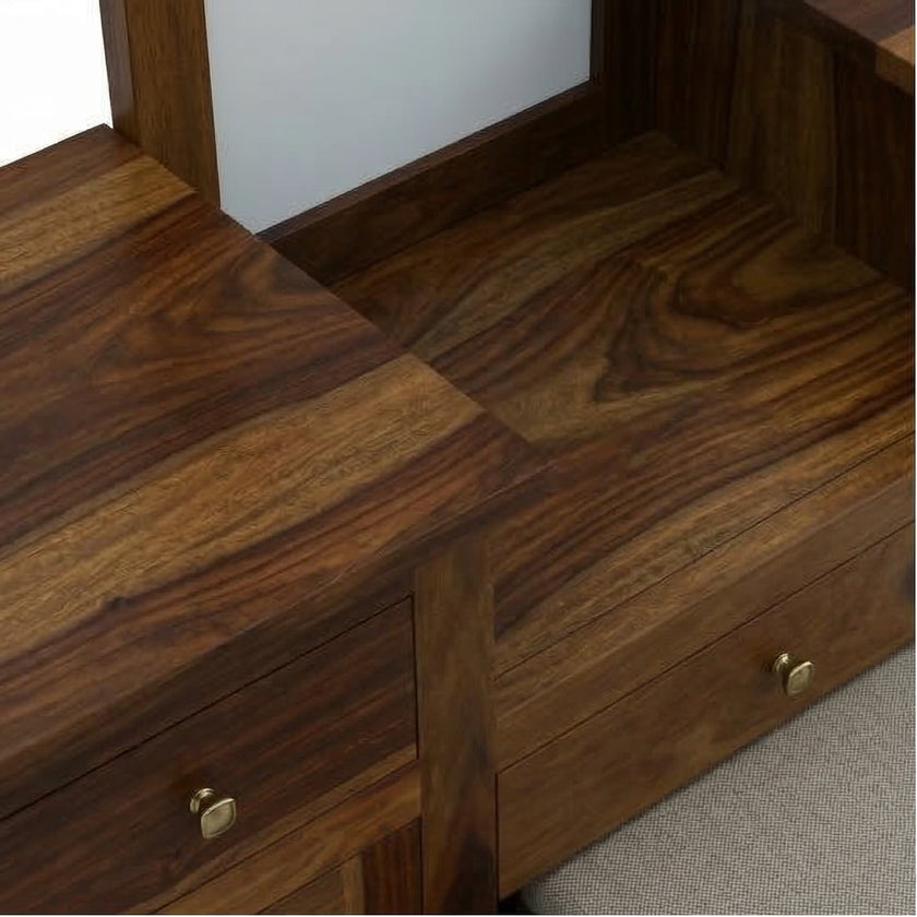 Solid Wood Dressing Table with Dual Storage Units & Cushioned Stool