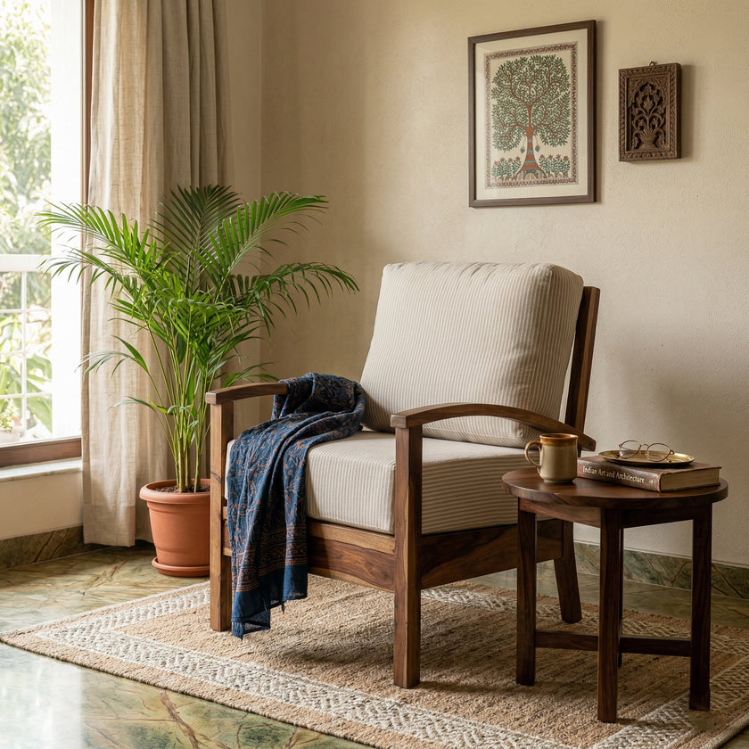 Solid Wood Lounge Armchair with Striped Upholstery