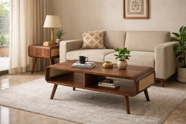 Mid-Century Solid Wood Coffee Table Open Shelf Storage Center Table