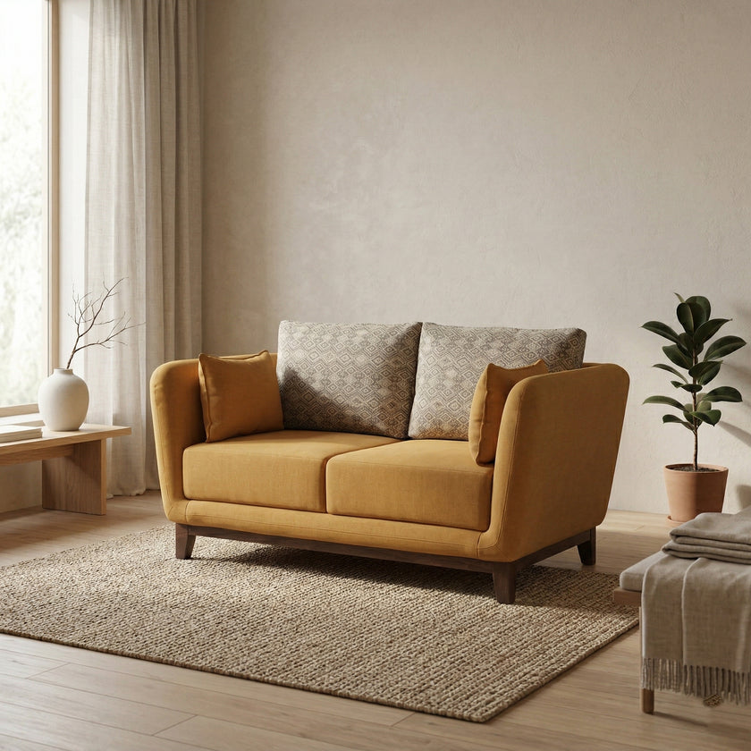 Modern Upholstered 2-Seater Sofa with Solid Wood Base & Patterned Cushions