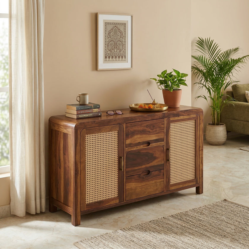 Solid Wood Sideboard Cabinet with Cane Doors & Drawer Storage