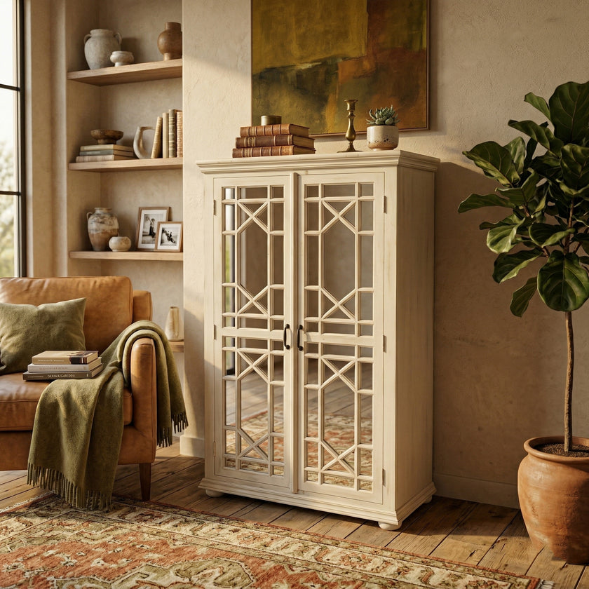 Solid Wood Display Cabinet with Glass Panel Doors Classic Storage & Showcase Unit