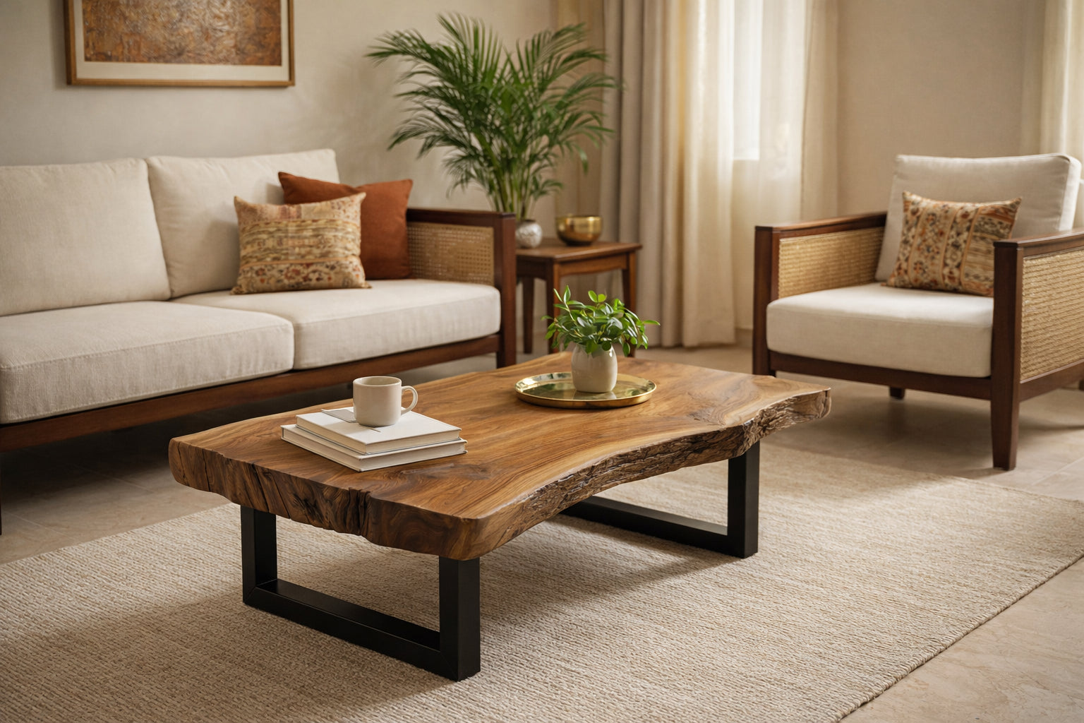 Live Edge Solid Wood Coffee Table with Metal Base