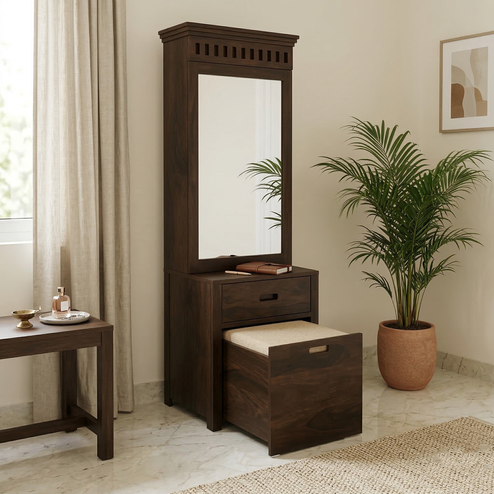 Solid Wood Dressing Table with Mirror & Pull-Out Seat Storage
