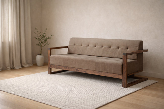 Solid Wood 3-Seater Sofa with Tufted Back Modern Box Frame Fabric Sofa