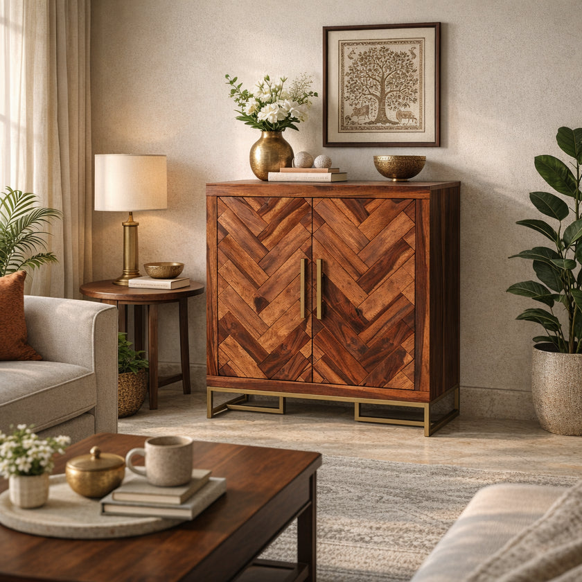 Herringbone Solid Wood Storage Cabinet