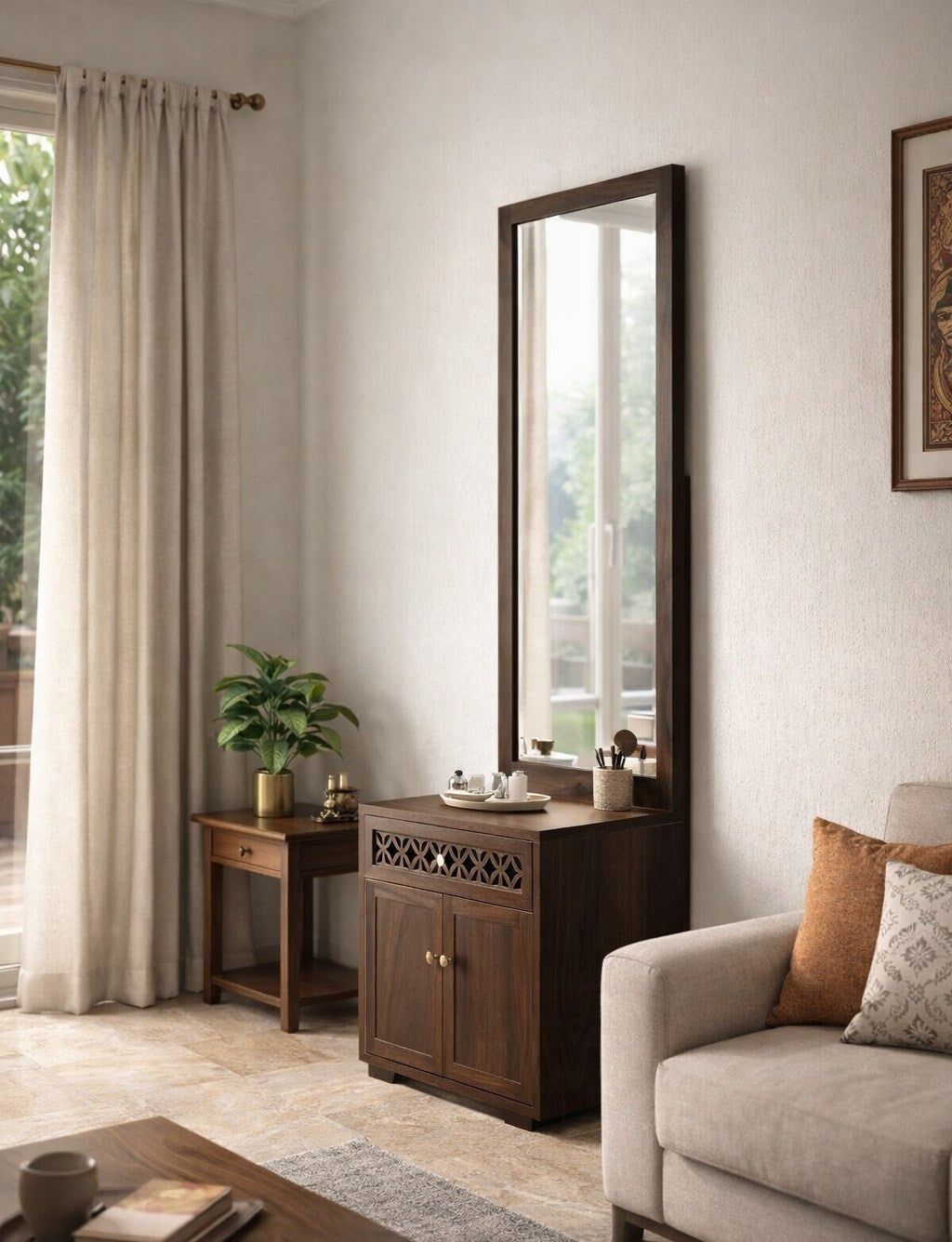 Solid Wood Dressing Table with Carved Drawer & Cabinet Storage