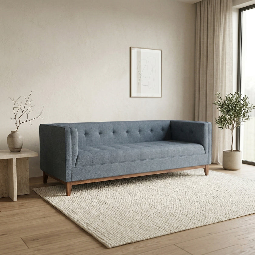 Solid Wood 3-Seater Sofa with Upholstered Fabric & Tufted Back