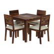 A Sheesham wood dining table set with four chairs, featuring a rectangular table and bench-style seating with a minimalist design.