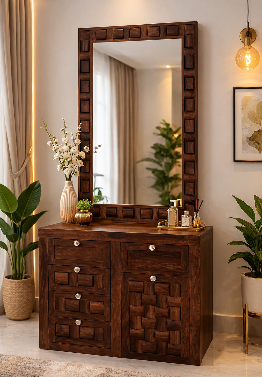 Solid Wood Dressing Table with Textured Panel Design & Storage Stool