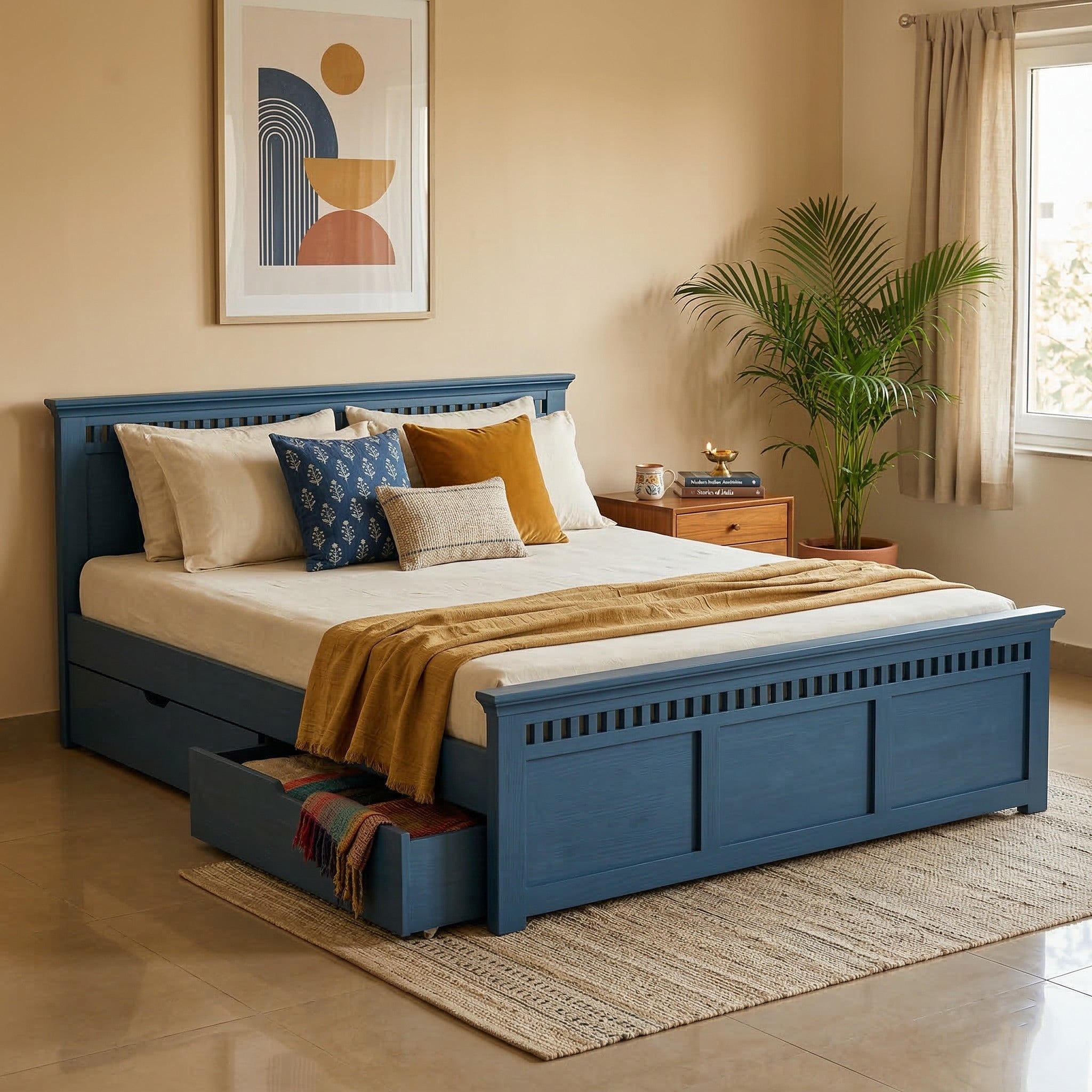 Indigo Blue Solid Wood Bed with Pull-Out Storage Drawer