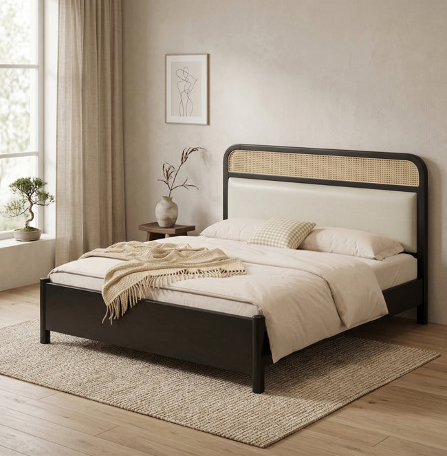 Modern Upholstered Platform Bed Frame with Cane Panel Headboard