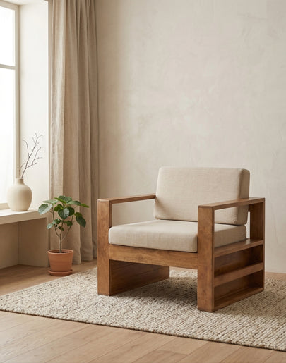 Solid Wood Lounge Armchair Modern Box Frame Accent Chair