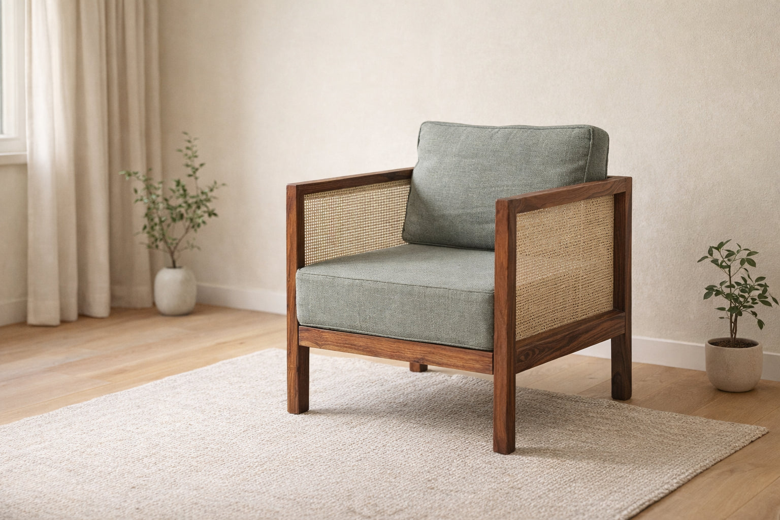 Solid Wood Cane Armchair with Upholstered Cushion Modern Rattan Accent Chair