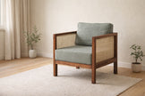 Solid Wood Cane Armchair with Upholstered Cushion Modern Rattan Accent Chair