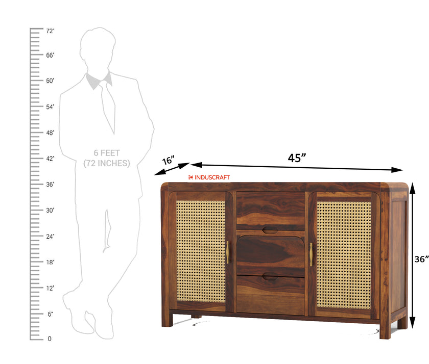 Solid Wood Sideboard Cabinet with Cane Doors & Drawer Storage