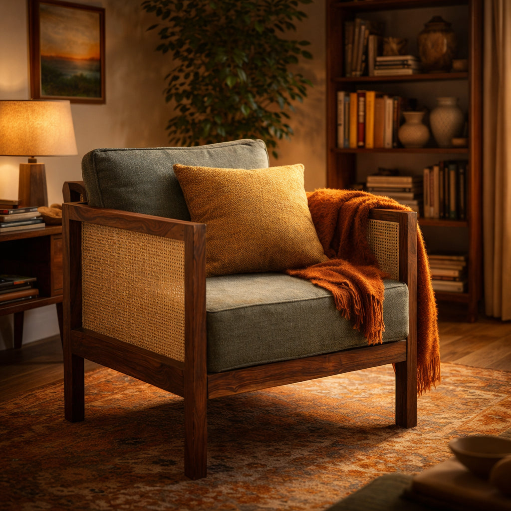 Solid Wood Cane Armchair with Upholstered Cushion Modern Rattan Accent Chair