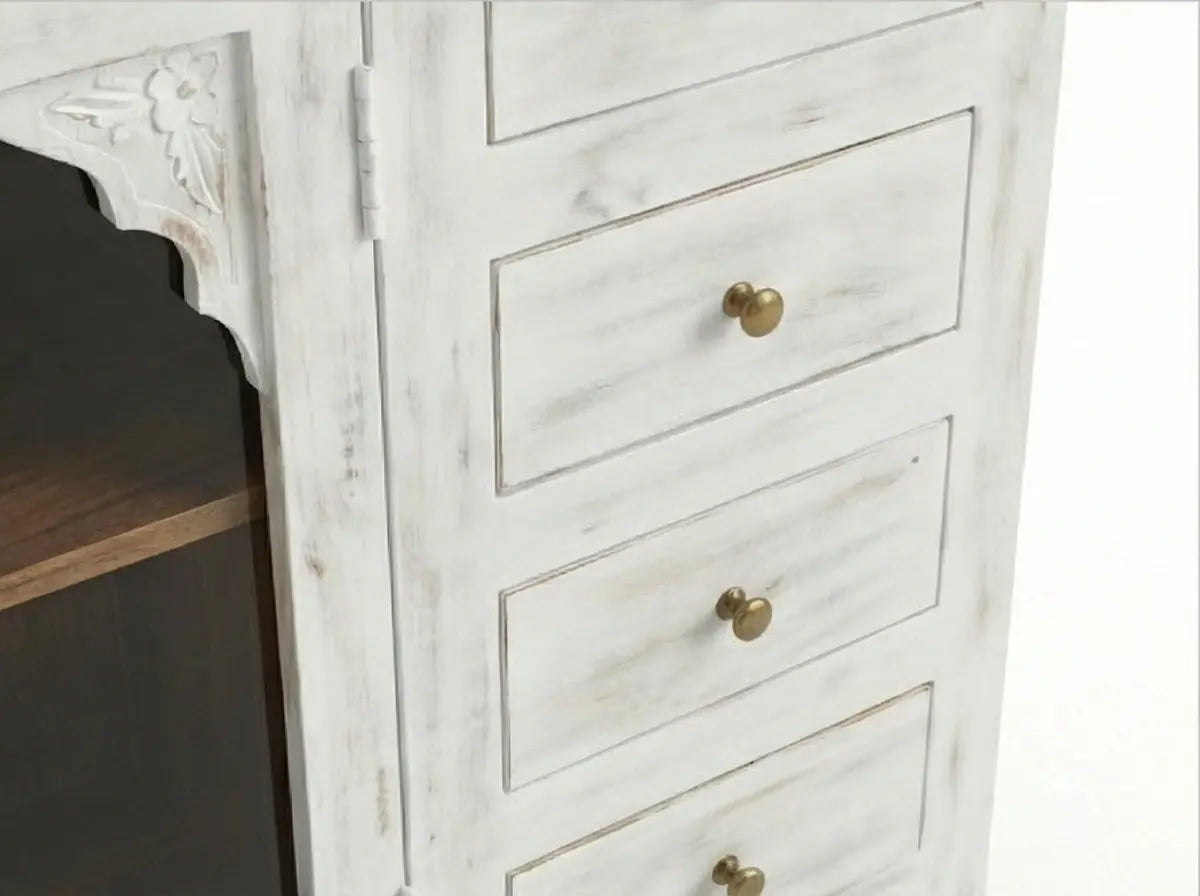 White Distressed Wooden Sideboard Cabinet with Carved Glass Doors