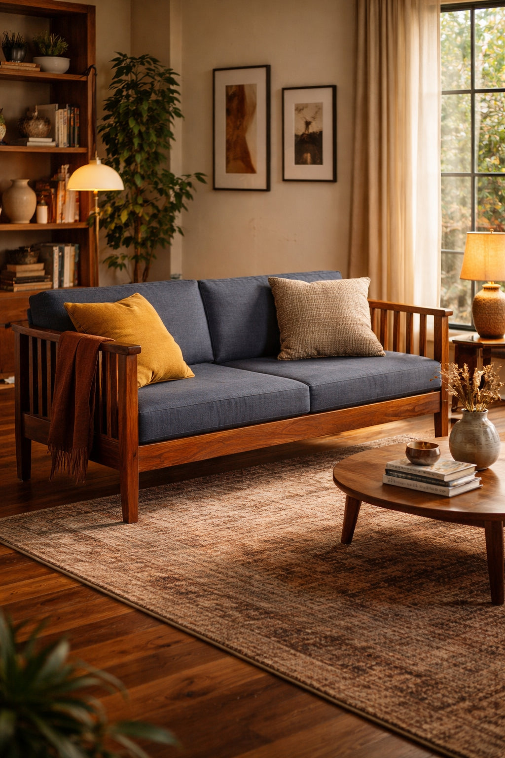 Solid Wood 2-Seater Sofa with Slatted Arms & Cushions Contemporary Wooden Sofa