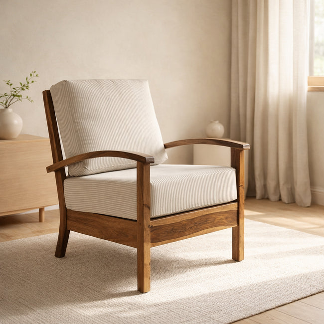 Solid Wood Lounge Armchair with Striped Upholstery