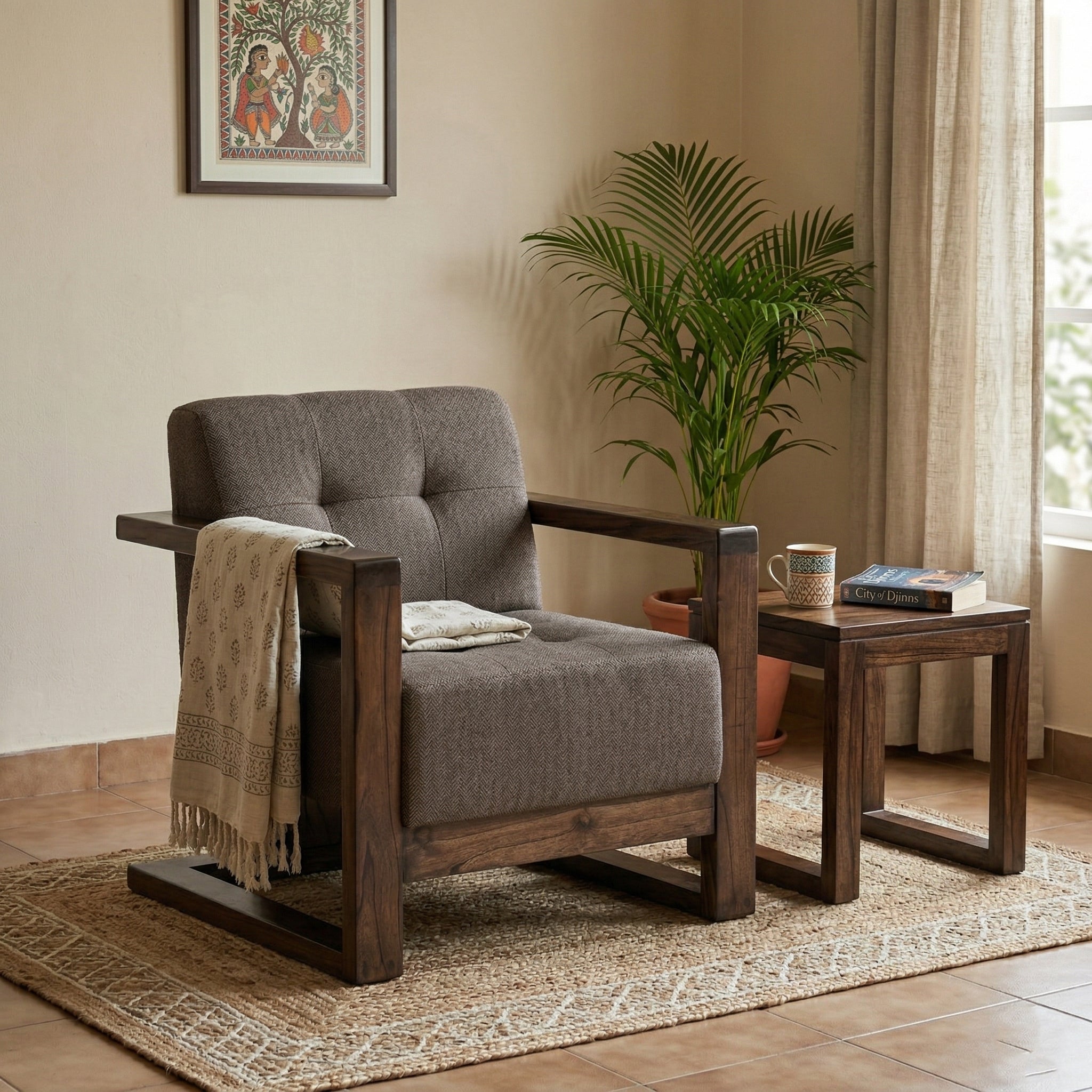Solid Wood Box Frame Lounge Chair with Cushioned Seat