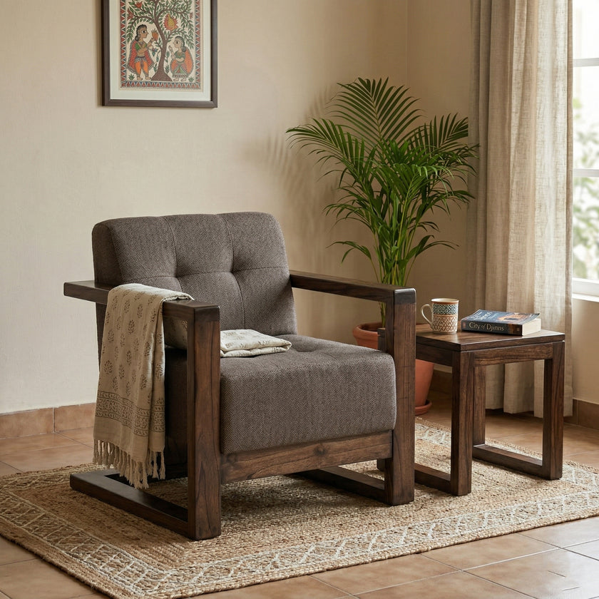 Solid Wood Box Frame Lounge Chair with Cushioned Seat