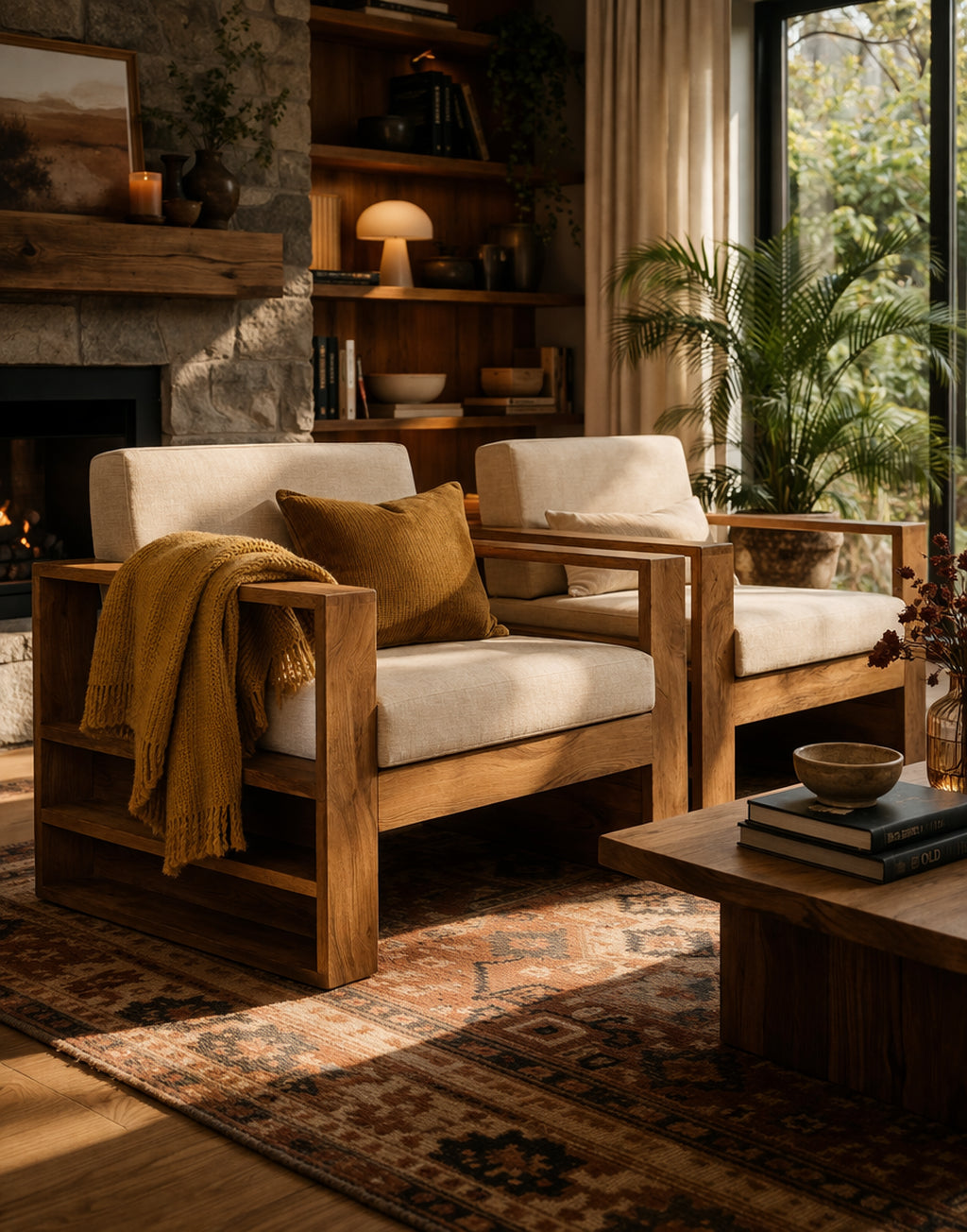 Solid Wood Lounge Armchair Modern Box Frame Accent Chair