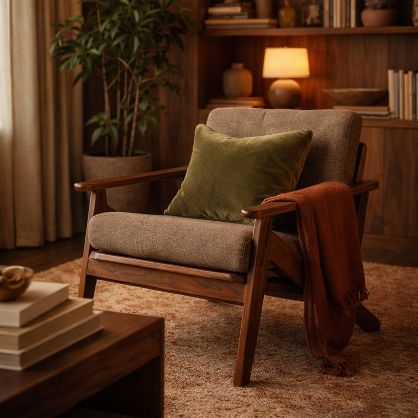 Solid Wood Lounge Armchair with Upholstered Cushions Mid-Century Modern Accent Chair