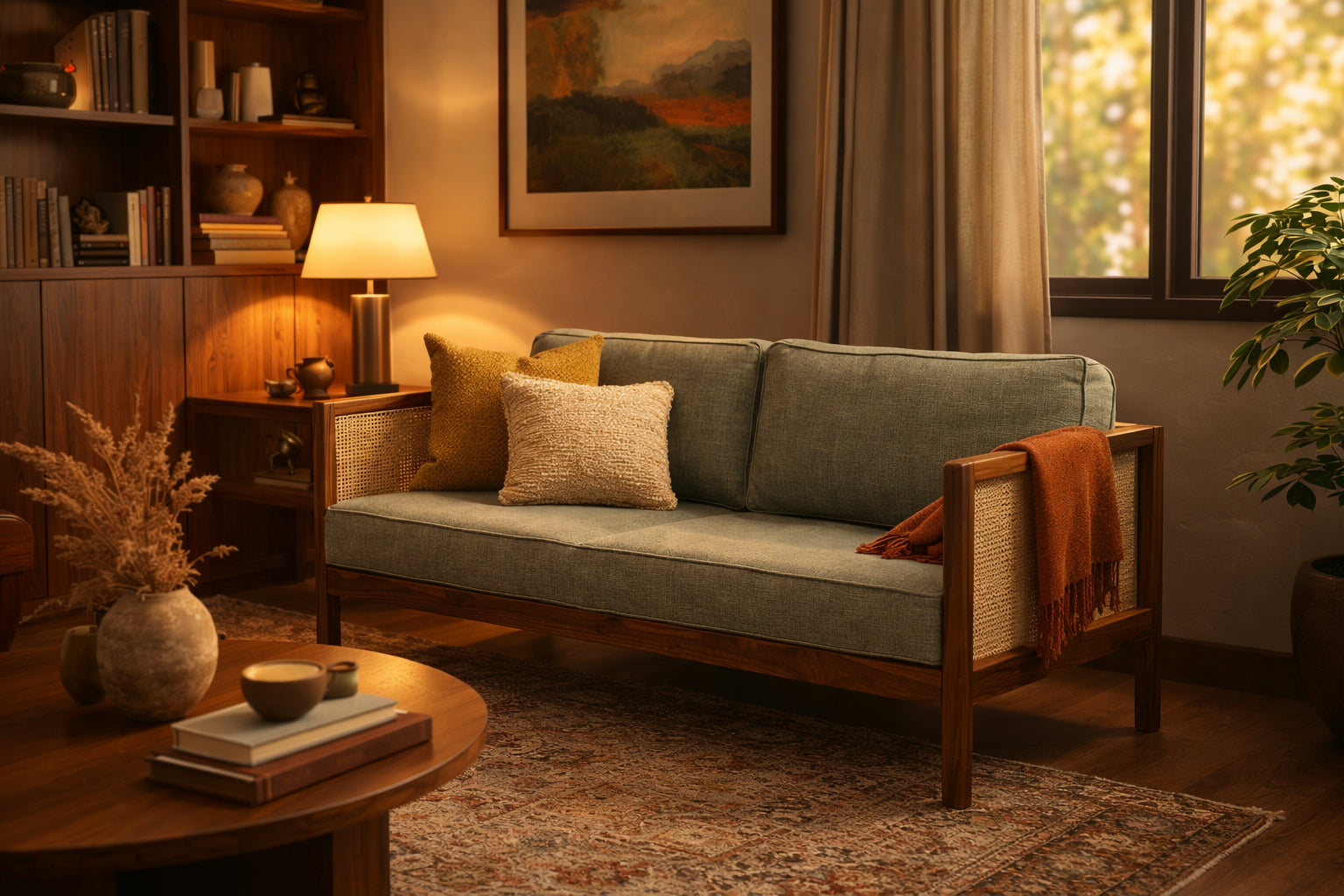 Solid Wood Cane 2-Seater Sofa with Upholstered Cushions