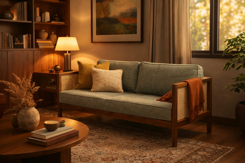 Solid Wood Cane 2-Seater Sofa with Upholstered Cushions
