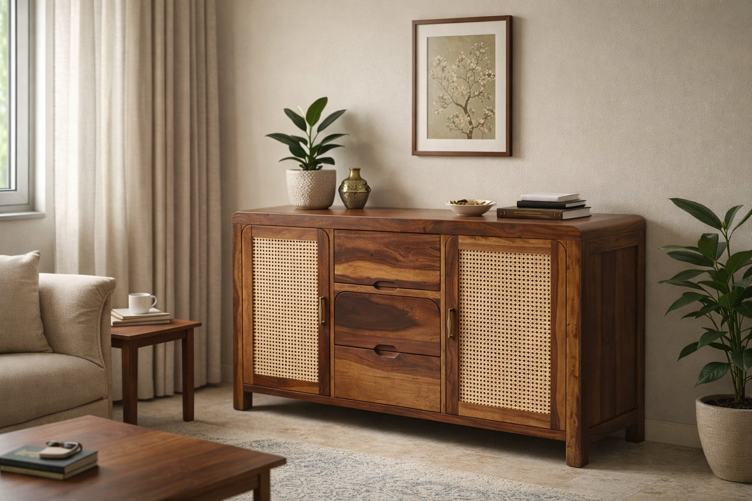 Solid Wood Sideboard Cabinet with Cane Doors & Drawer Storage