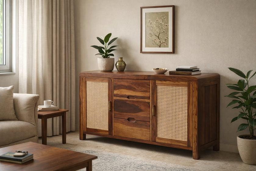 Solid Wood Sideboard Cabinet with Cane Doors & Drawer Storage