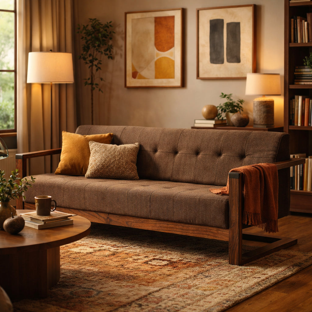 Solid Wood 3-Seater Sofa with Tufted Back Modern Box Frame Fabric Sofa