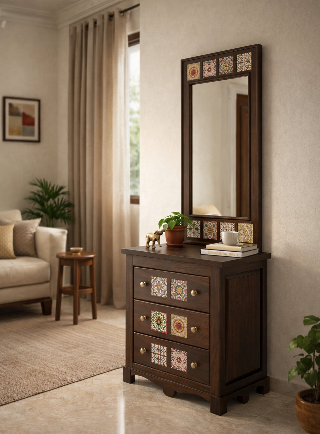 Solid Wood Dressing Table with Decorative Tile Inlay & Mirror