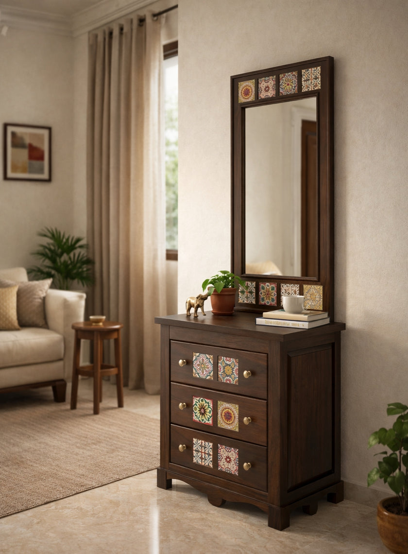 Solid Wood Dressing Table with Decorative Tile Inlay & Mirror
