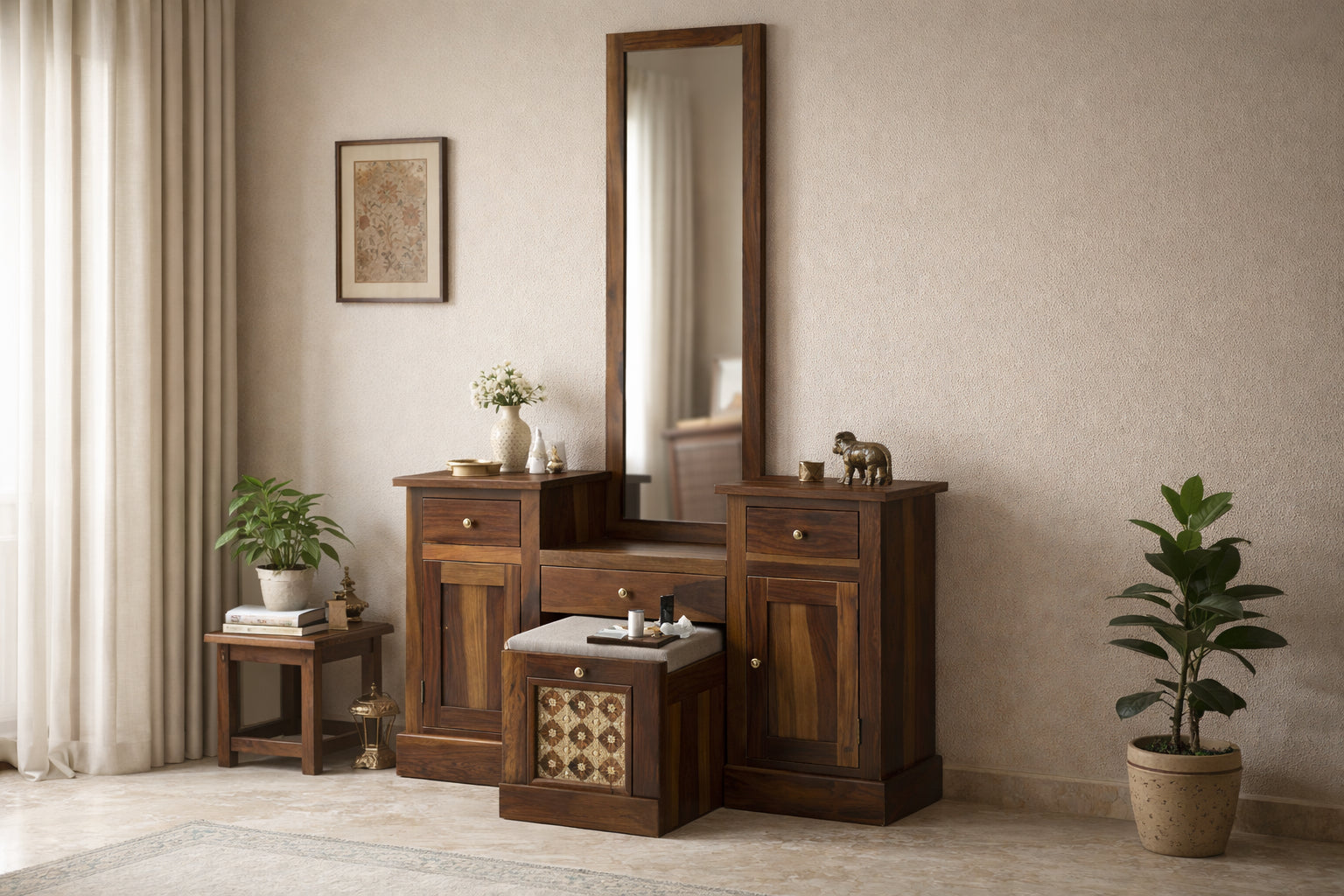 Solid Wood Dressing Table with Dual Storage Units & Cushioned Stool