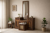 Solid Wood Dressing Table with Dual Storage Units & Cushioned Stool