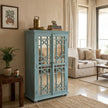 Solid Wood Display Cabinet with Glass Panel Doors Blue Finish Storage & Showcase Unit