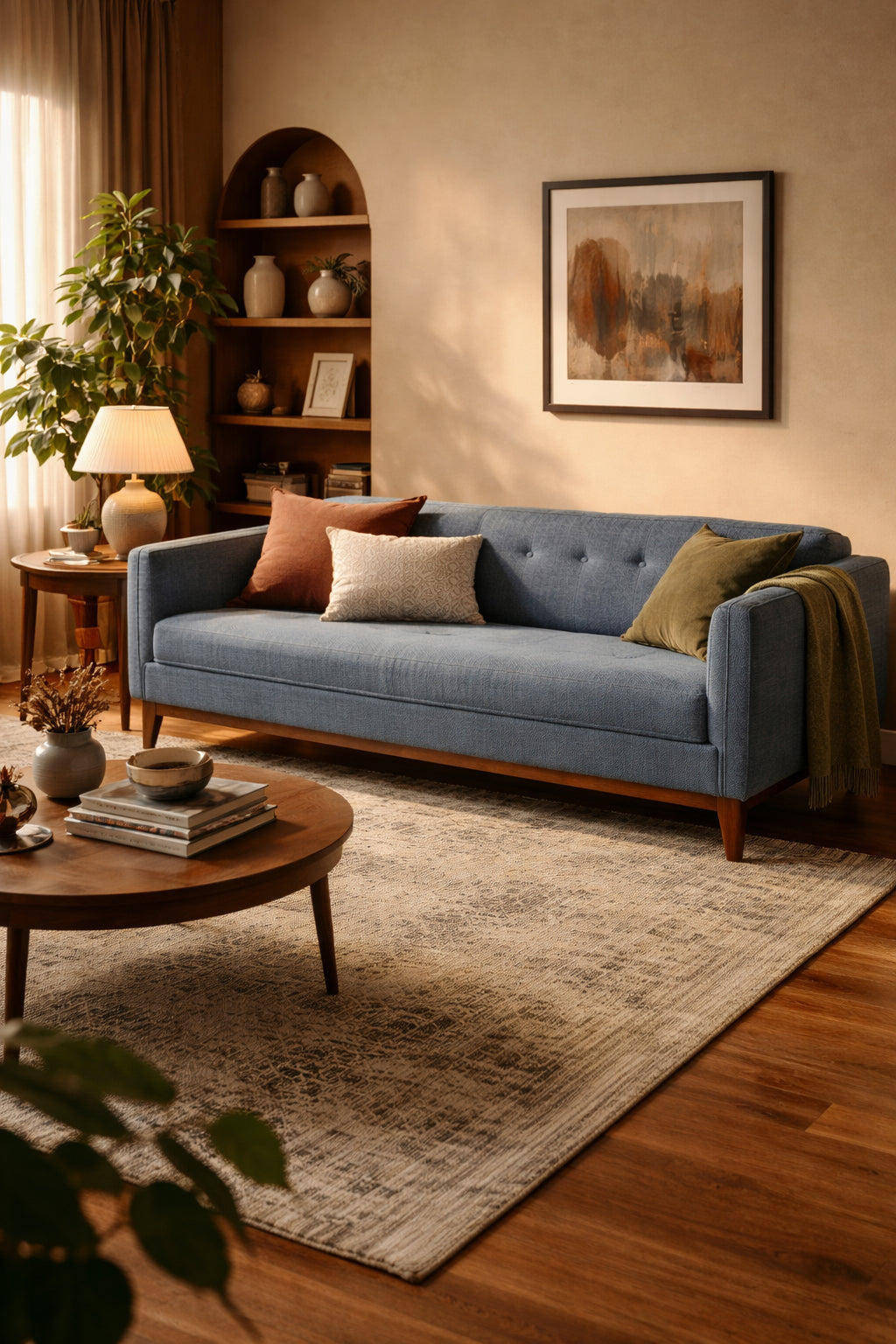 Solid Wood 3-Seater Sofa with Upholstered Fabric & Tufted Back