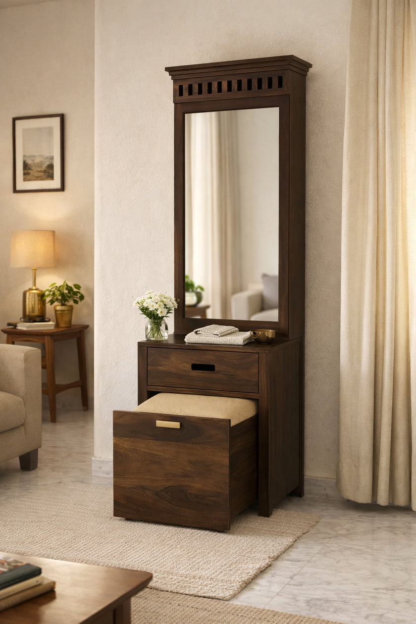 Solid Wood Dressing Table with Mirror & Pull-Out Seat Storage